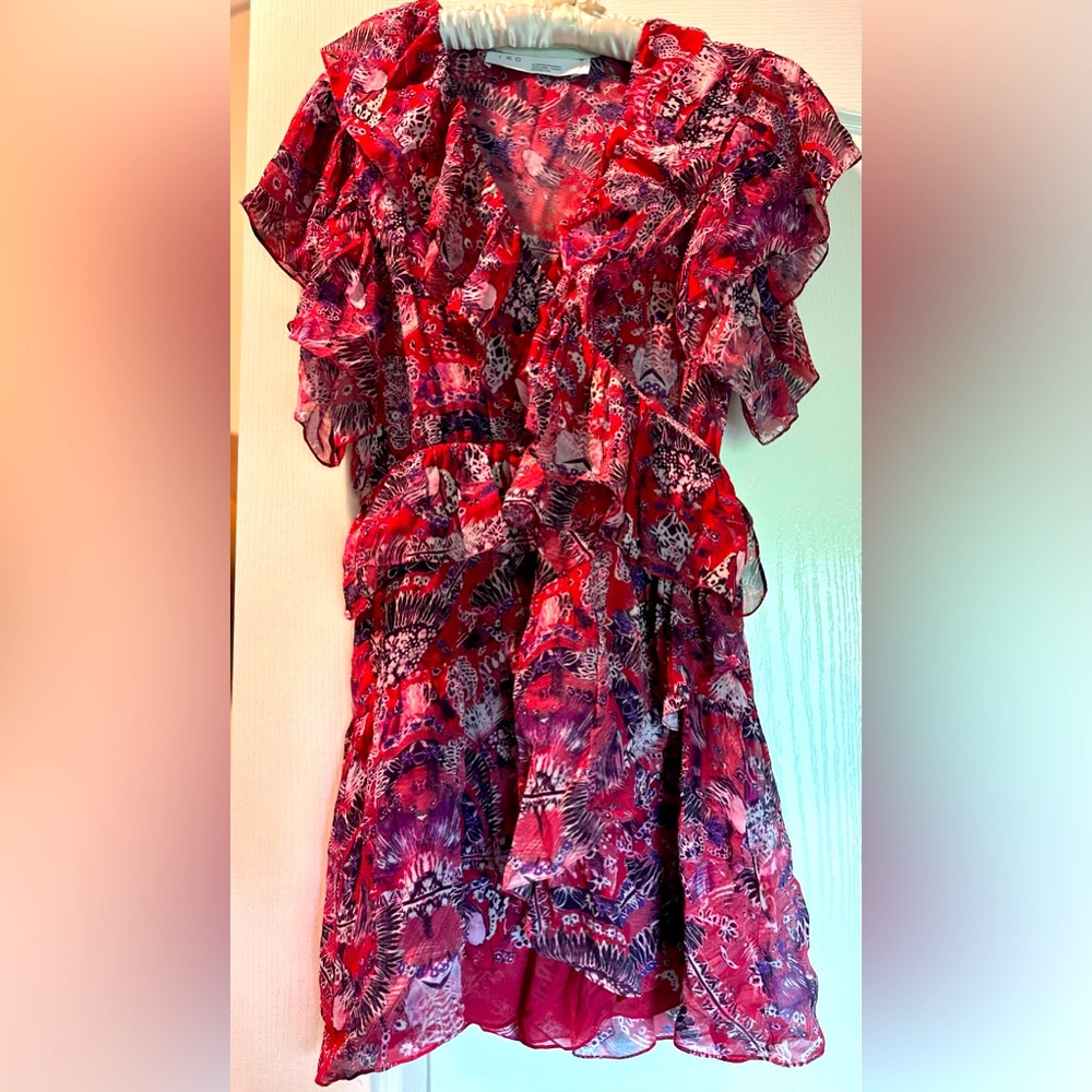 IRO Paris size 36 French floaty summer dress. Cranberry and purple color palette